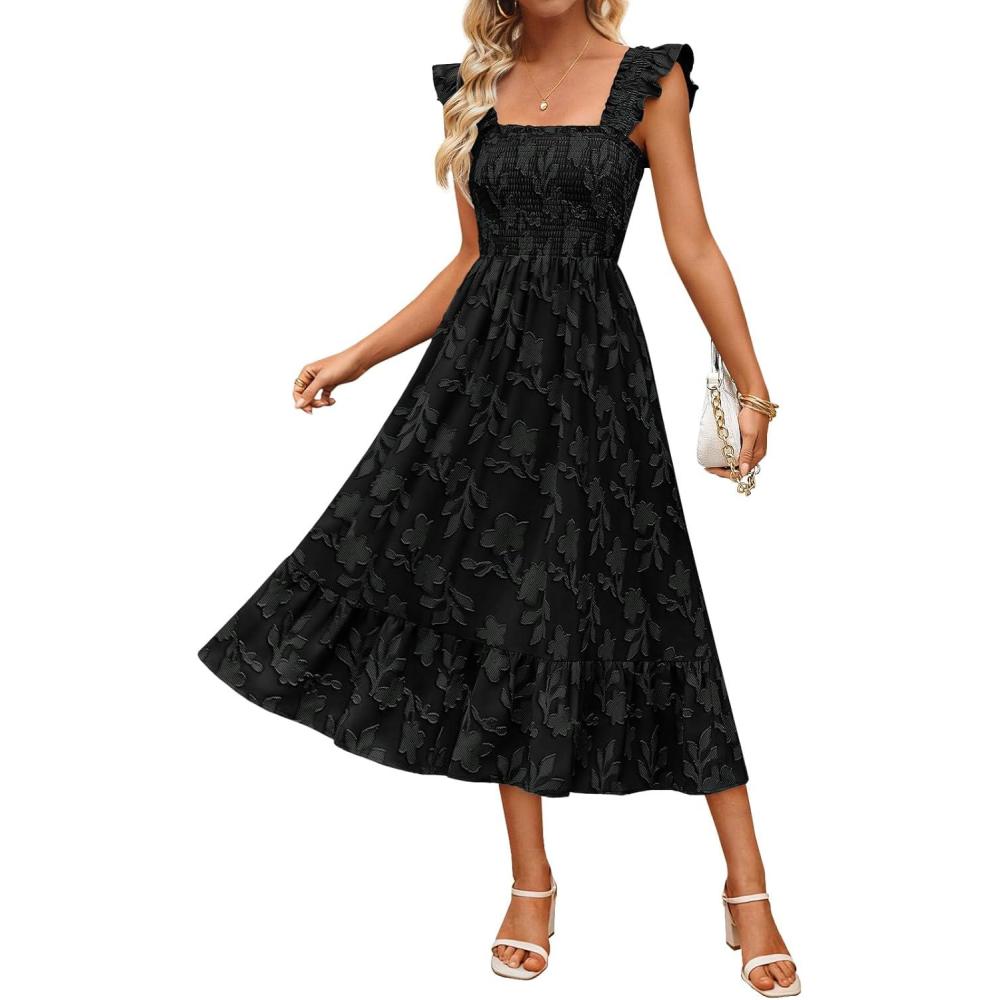 imageMEROKEETY Womens Summer Boho Midi Dress 2026 Casual Floral Square Neck Sleeveless Smocked Flowy Ruffle Beach Long DressesBlack