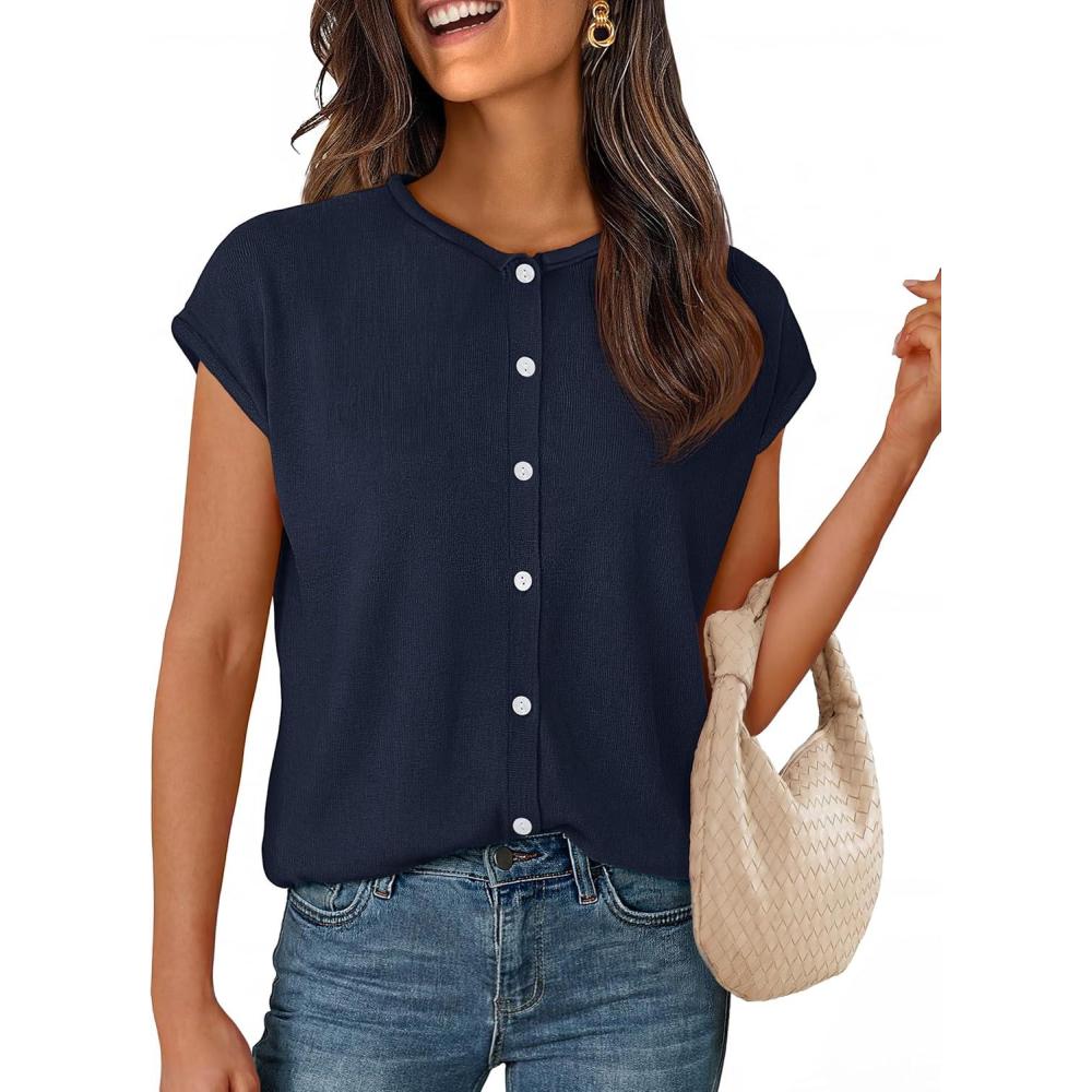 imageMEROKEETY Womens Summer Lightweight Cardigan Tops 2026 Cap Sleeve Business Casual Blouse Button Down Trendy ShirtNavy