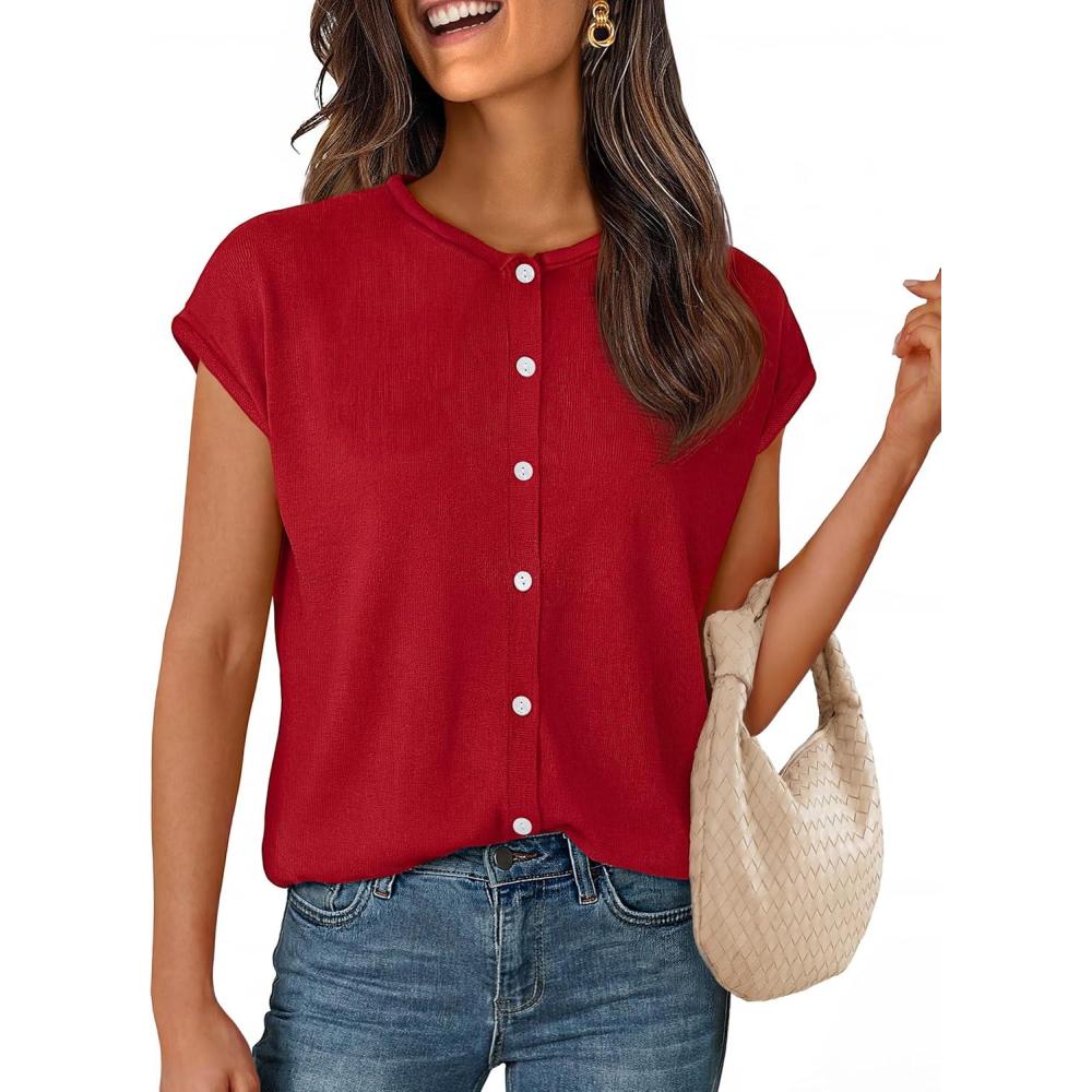 imageMEROKEETY Womens Summer Lightweight Cardigan Tops 2026 Cap Sleeve Business Casual Blouse Button Down Trendy ShirtRed