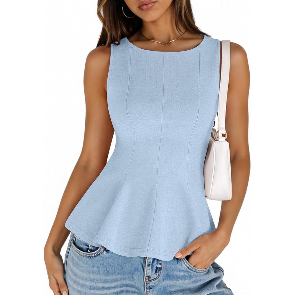 imageMEROKEETY Womens Summer Sleeveless Tank Tops Crewneck Ruffle Flowy Peplum Babydoll Blouses Trendy ClothesBlue