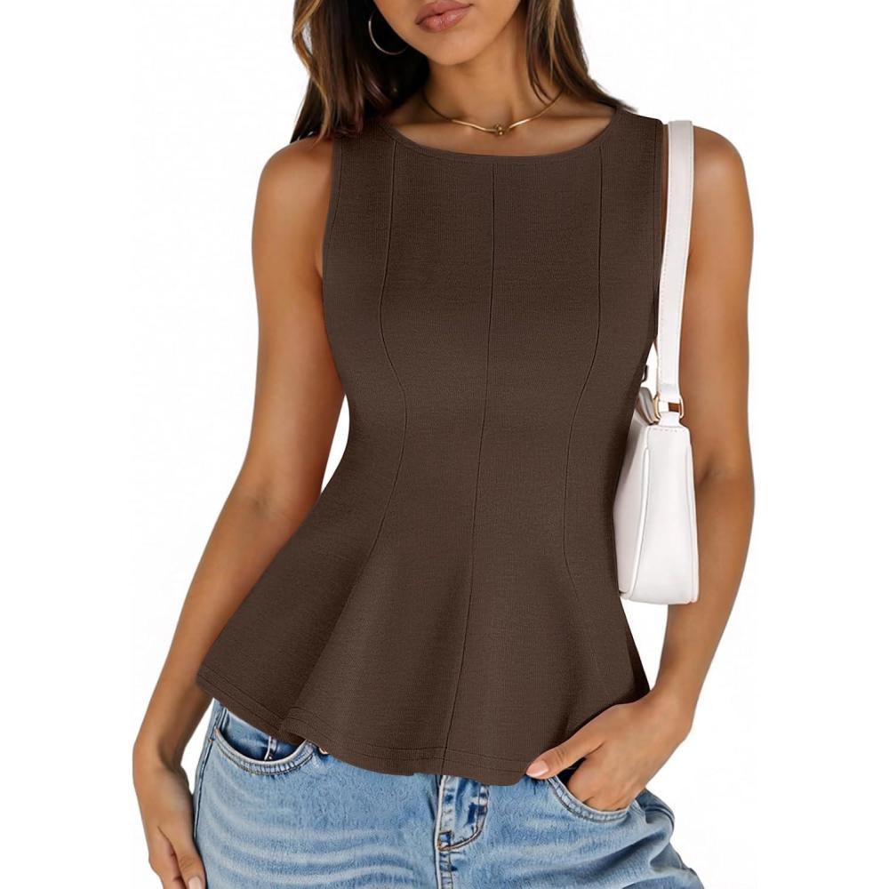 imageMEROKEETY Womens Summer Sleeveless Tank Tops Crewneck Ruffle Flowy Peplum Babydoll Blouses Trendy ClothesCoffee