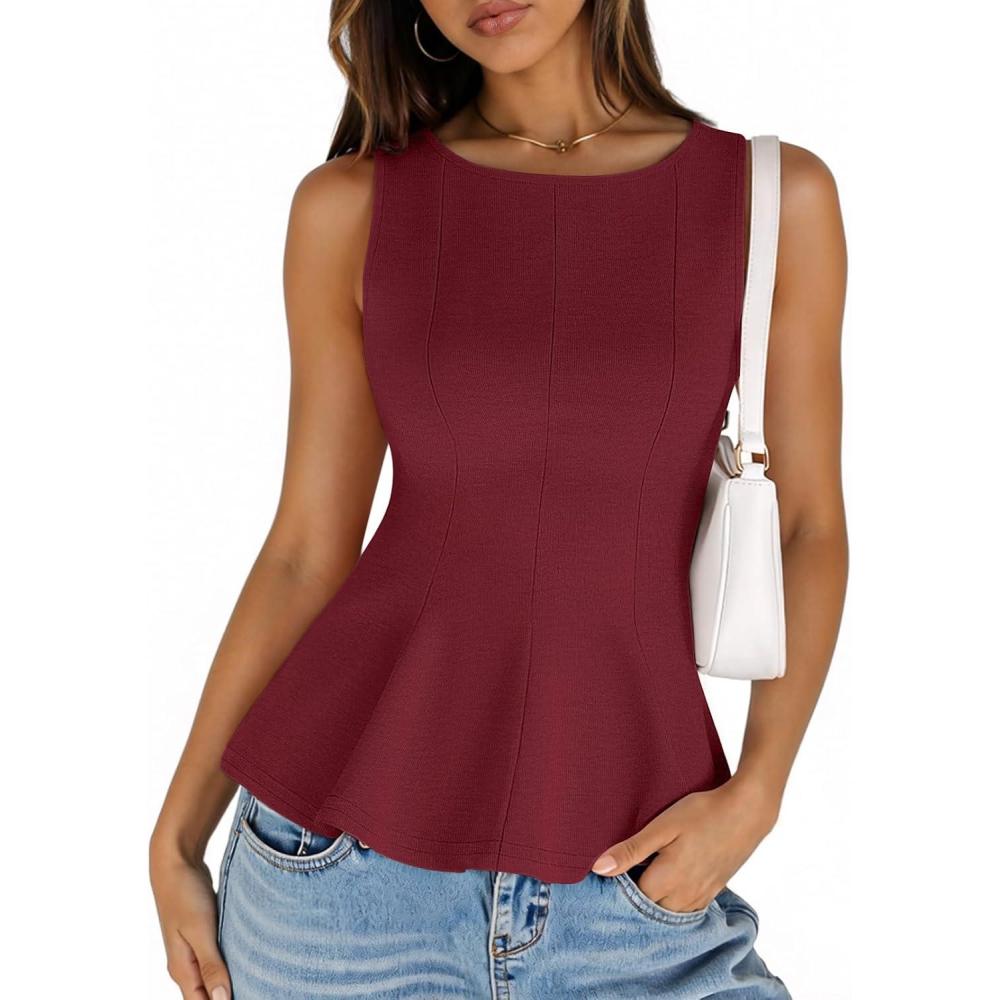 imageMEROKEETY Womens Summer Sleeveless Tank Tops Crewneck Ruffle Flowy Peplum Babydoll Blouses Trendy ClothesWine