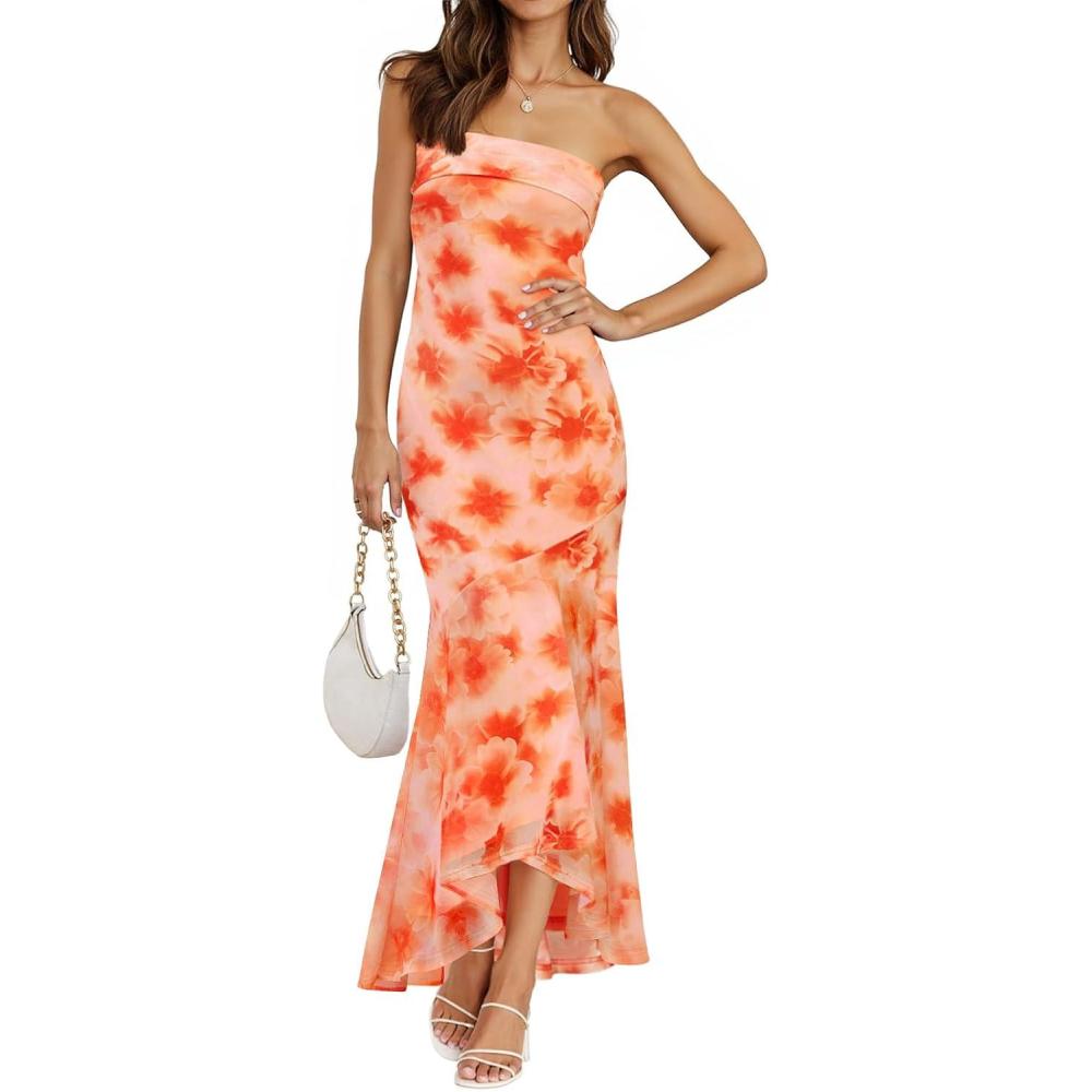 imageMEROKEETY Womens Summer Strapless Floral Maxi Dress 2026 Bodycon Mesh Wedding Guest Cocktail Party Tube DressesOrange