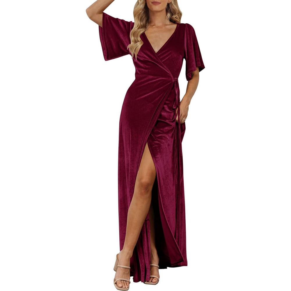 imageMEROKEETY Womens V Neck Wrap Velvet Maxi Wedding Guest Dress Bell Sleeve Split Bridesmaid Cocktail Party Formal DressesBurgundy