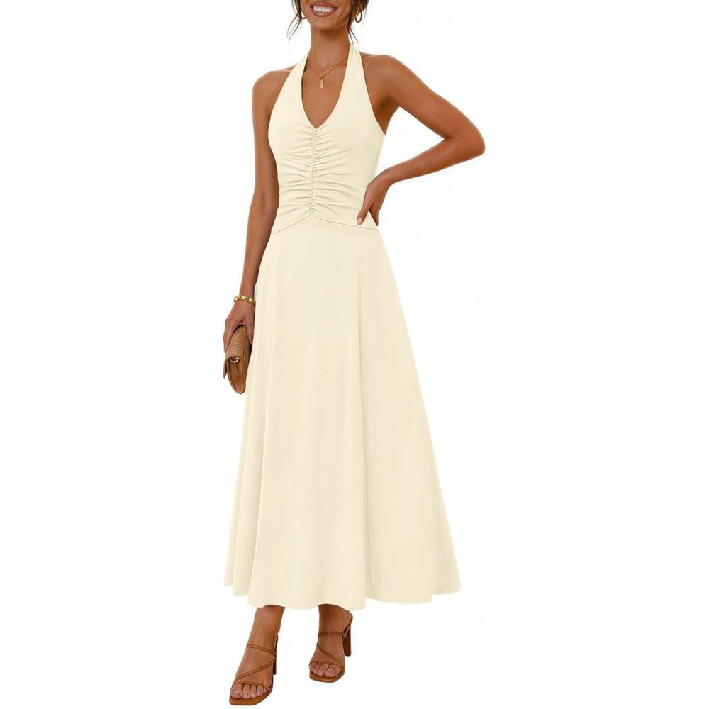 imageMEROKEETY Womens Wedding Guest Formal Dress Summer Halter Backless Sleeveless V Neck Ruched Cocktail Maxi DressesApricot