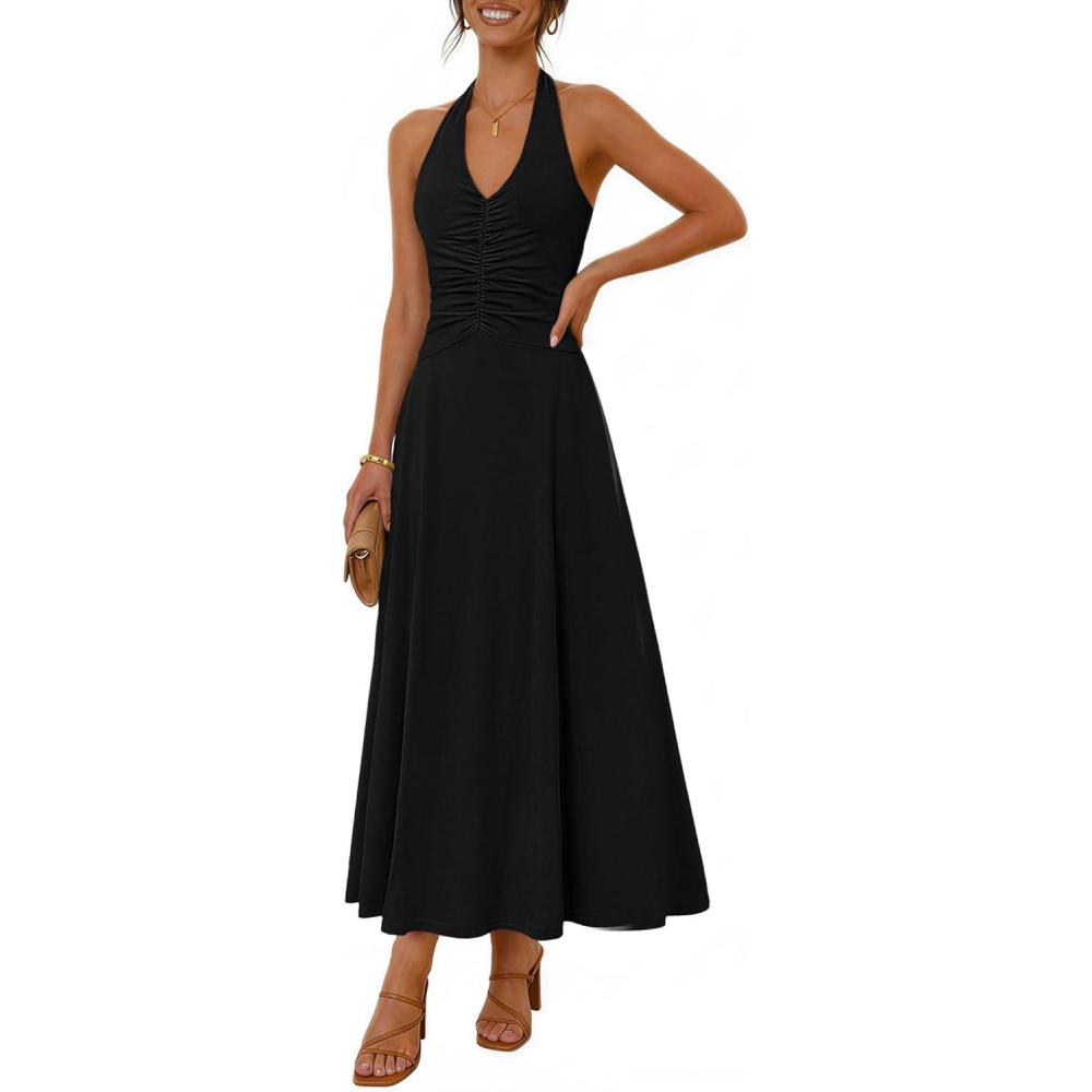 imageMEROKEETY Womens Wedding Guest Formal Dress Summer Halter Backless Sleeveless V Neck Ruched Cocktail Maxi DressesBlack