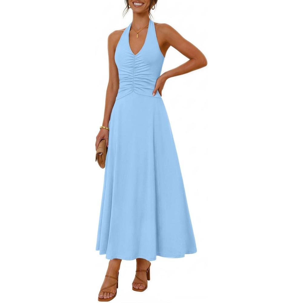 imageMEROKEETY Womens Wedding Guest Formal Dress Summer Halter Backless Sleeveless V Neck Ruched Cocktail Maxi DressesBlue