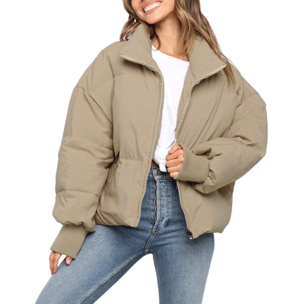 imageMEROKEETY Womens Winter Puffer Jacket Long Sleeve Short Warm Quilted Baggy Coats 2025 OuterwearKhaki