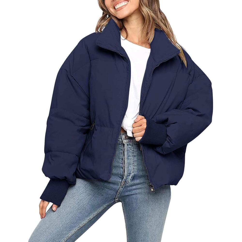 imageMEROKEETY Womens Winter Puffer Jacket Long Sleeve Short Warm Quilted Baggy Coats 2025 OuterwearNavy