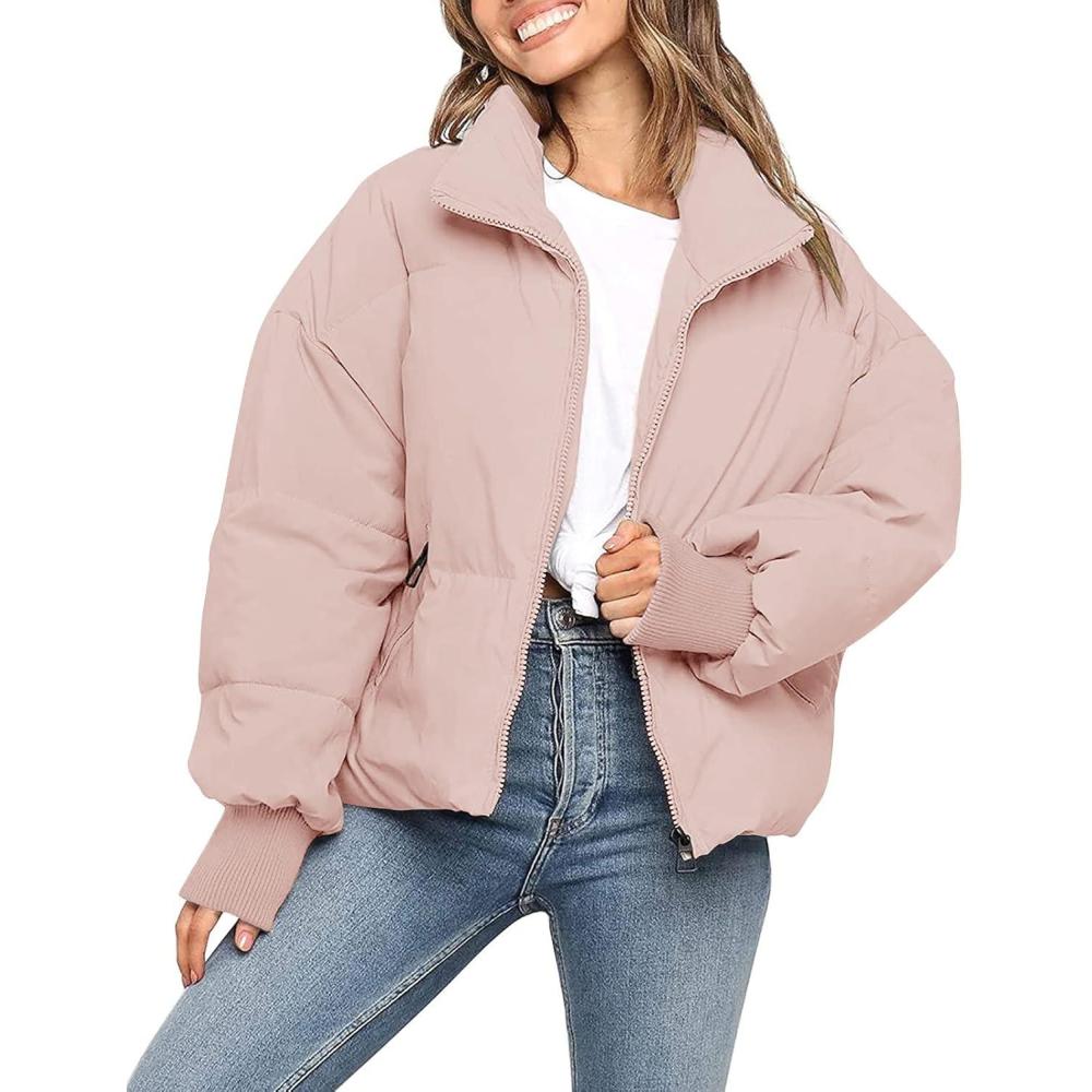 imageMEROKEETY Womens Winter Puffer Jacket Long Sleeve Short Warm Quilted Baggy Coats 2025 OuterwearPink