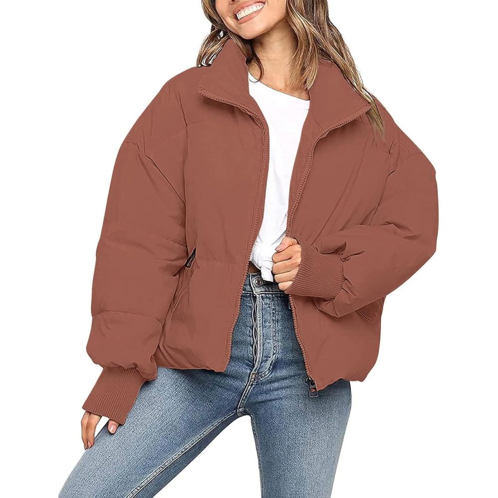 imageMEROKEETY Womens Winter Puffer Jacket Long Sleeve Short Warm Quilted Baggy Coats 2025 OuterwearRed Brown