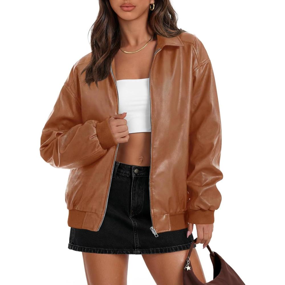 imageMEROKEETY Womens Winter Spring Oversized Faux Leather Jacket 2026 Fall Zip Up Motorcycle Coats Fashion Outfits ClothesCaramel