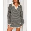 MEROKEETY Lounge Sweater Sets for Women 2 Piece Outfits Casual Long Sleeve Striped Tops Shorts Matching Set(Blackbeige)