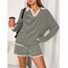 MEROKEETY Lounge Sweater Sets for Women 2 Piece Outfits Casual Long Sleeve Striped Tops Shorts Matching Set(Blackbeige)