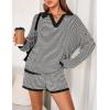 MEROKEETY Lounge Sweater Sets for Women 2 Piece Outfits Casual Long Sleeve Striped Tops Shorts Matching Set(Blackwhite)