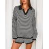 MEROKEETY Lounge Sweater Sets for Women 2 Piece Outfits Casual Long Sleeve Striped Tops Shorts Matching Set(Blackwhite)