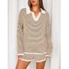 MEROKEETY Lounge Sweater Sets for Women 2 Piece Outfits Casual Long Sleeve Striped Tops Shorts Matching Set(Brownwhite)