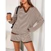 MEROKEETY Lounge Sweater Sets for Women 2 Piece Outfits Casual Long Sleeve Striped Tops Shorts Matching Set(Caramelwhite)