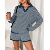 MEROKEETY Lounge Sweater Sets for Women 2 Piece Outfits Casual Long Sleeve Striped Tops Shorts Matching Set(Dustyblue)
