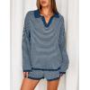 MEROKEETY Lounge Sweater Sets for Women 2 Piece Outfits Casual Long Sleeve Striped Tops Shorts Matching Set(Dustyblue)