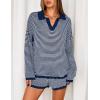 MEROKEETY Lounge Sweater Sets for Women 2 Piece Outfits Casual Long Sleeve Striped Tops Shorts Matching Set(Navywhite)