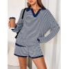 MEROKEETY Lounge Sweater Sets for Women 2 Piece Outfits Casual Long Sleeve Striped Tops Shorts Matching Set(Navywhite)