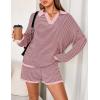MEROKEETY Lounge Sweater Sets for Women 2 Piece Outfits Casual Long Sleeve Striped Tops Shorts Matching Set(Pink)