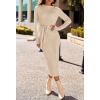 MEROKEETY Women’s 2026 Long Sleeve Midi Sweater Dress Fall Winter Spring Mock Neck Contrast Tie Waist Bodycon Knit Dresses(Apricot)