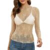 MEROKEETY Womens 2026 Mesh Sheer Lace Long Sleeve Top Sexy Y2k Mock Neck See Through Shirt Blouses(Apricot)