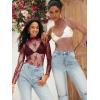 MEROKEETY Womens 2026 Mesh Sheer Lace Long Sleeve Top Sexy Y2k Mock Neck See Through Shirt Blouses(Burgundy)