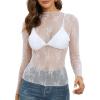 MEROKEETY Womens 2026 Mesh Sheer Lace Long Sleeve Top Sexy Y2k Mock Neck See Through Shirt Blouses(White)