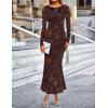 MEROKEETY Women’s 2026 Spring Wedding Guest Maxi Dress Long Sleeve Bodycon Floral Mesh Fall Cocktail Formal Party Dresses(Brown)