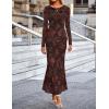 MEROKEETY Women’s 2026 Spring Wedding Guest Maxi Dress Long Sleeve Bodycon Floral Mesh Fall Cocktail Formal Party Dresses(Brown)