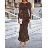 MEROKEETY Women’s 2026 Spring Wedding Guest Maxi Dress Long Sleeve Bodycon Floral Mesh Fall Cocktail Formal Party Dresses(Browngold)