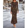 MEROKEETY Women’s 2026 Spring Wedding Guest Maxi Dress Long Sleeve Bodycon Floral Mesh Fall Cocktail Formal Party Dresses(Browngold)