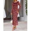 MEROKEETY Women’s 2026 Spring Wedding Guest Maxi Dress Long Sleeve Bodycon Floral Mesh Fall Cocktail Formal Party Dresses(Burgundy)