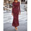 MEROKEETY Women’s 2026 Spring Wedding Guest Maxi Dress Long Sleeve Bodycon Floral Mesh Fall Cocktail Formal Party Dresses(Wine)