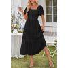 MEROKEETY Women’s 2026 Summer Flowy Midi Maxi Dress Short Sleeve Square Neck Smocked Tiered Ruffle Boho Dresses with Pockets(Black)