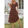 MEROKEETY Women’s 2026 Summer Flowy Midi Maxi Dress Short Sleeve Square Neck Smocked Tiered Ruffle Boho Dresses with Pockets(Coffee)