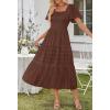MEROKEETY Women’s 2026 Summer Flowy Midi Maxi Dress Short Sleeve Square Neck Smocked Tiered Ruffle Boho Dresses with Pockets(Coffee)