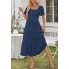 MEROKEETY Women’s 2026 Summer Flowy Midi Maxi Dress Short Sleeve Square Neck Smocked Tiered Ruffle Boho Dresses with Pockets(Navy)