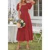MEROKEETY Women’s 2026 Summer Flowy Midi Maxi Dress Short Sleeve Square Neck Smocked Tiered Ruffle Boho Dresses with Pockets(Red)