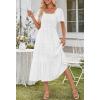 MEROKEETY Women’s 2026 Summer Flowy Midi Maxi Dress Short Sleeve Square Neck Smocked Tiered Ruffle Boho Dresses with Pockets(White)