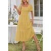 MEROKEETY Women’s 2026 Summer Flowy Midi Maxi Dress Short Sleeve Square Neck Smocked Tiered Ruffle Boho Dresses with Pockets(Yellow)