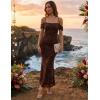 MEROKEETY Women’s 2026 Summer Off The Shoulder Spaghetti Strap Floral Mesh Wedding Guest Cocktail Formal Party Maxi Dresses(Brown)