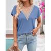 MEROKEETY Women’s Boho Cap Sleeve Lace Trim V Neck Tops 2026 Summer Casual Loose Beach Vacation Tee Shirts Blouse(Blue)