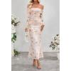 MEROKEETY Women’s Fall Off Shoulder Floral Maxi Dresses Formal Long Sleeve Bodycon Cocktail Wedding Guest Dress(Beige)