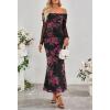 MEROKEETY Women’s Fall Off Shoulder Floral Maxi Dresses Formal Long Sleeve Bodycon Cocktail Wedding Guest Dress(Black)
