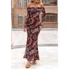 MEROKEETY Women’s Fall Off Shoulder Floral Maxi Dresses Formal Long Sleeve Bodycon Cocktail Wedding Guest Dress(Brown)