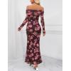 MEROKEETY Women’s Fall Off Shoulder Floral Maxi Dresses Formal Long Sleeve Bodycon Cocktail Wedding Guest Dress(Coffee)